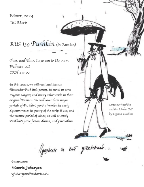 A flyer for RUS 139 with a sketch of Pushkin holding a cat