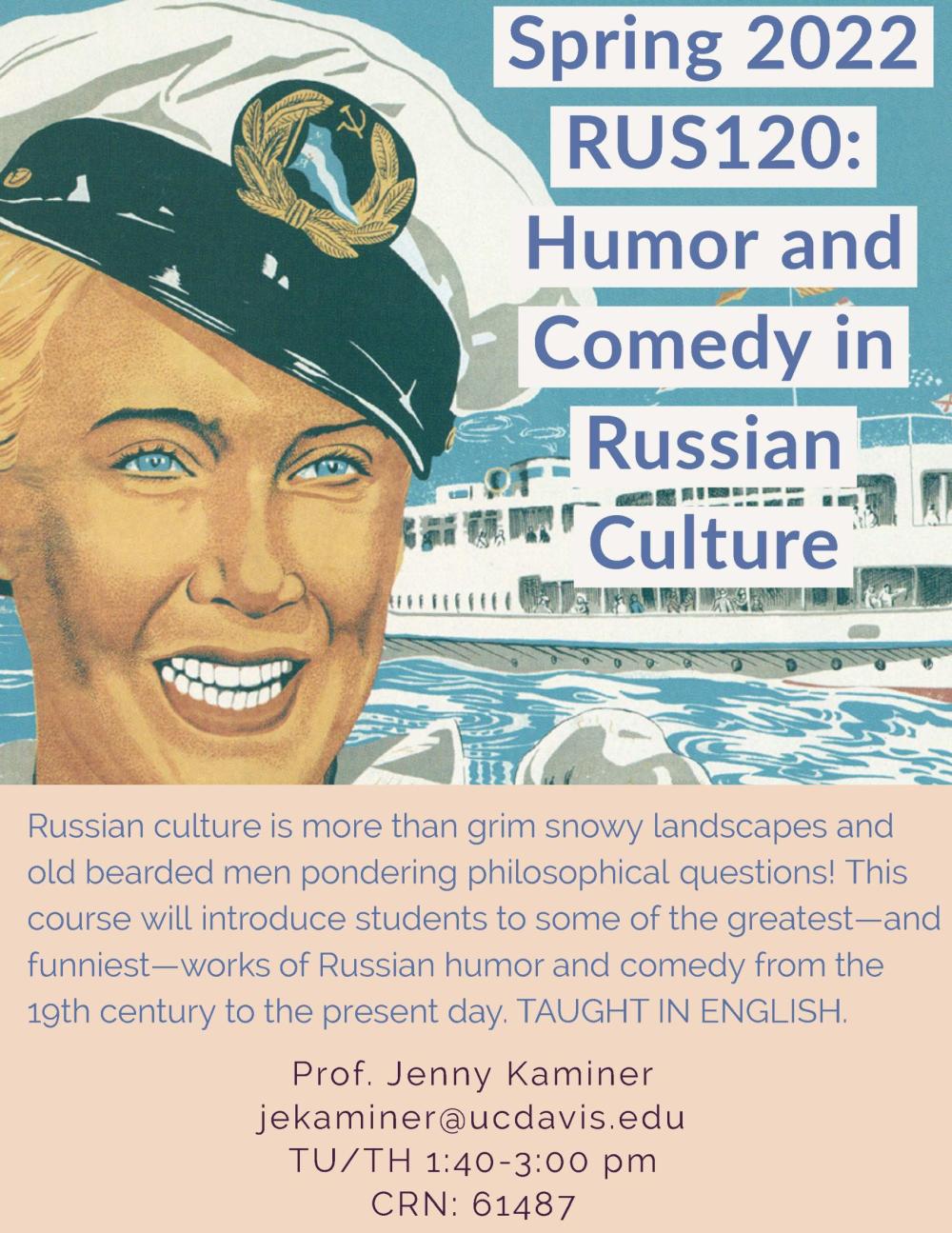 An image of a woman smiling is on the front of this flyer for the Russian 120 course.