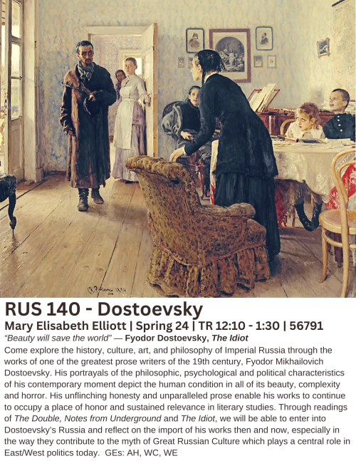 A group of people sit together in a room with the Russian 140 course description underneath them