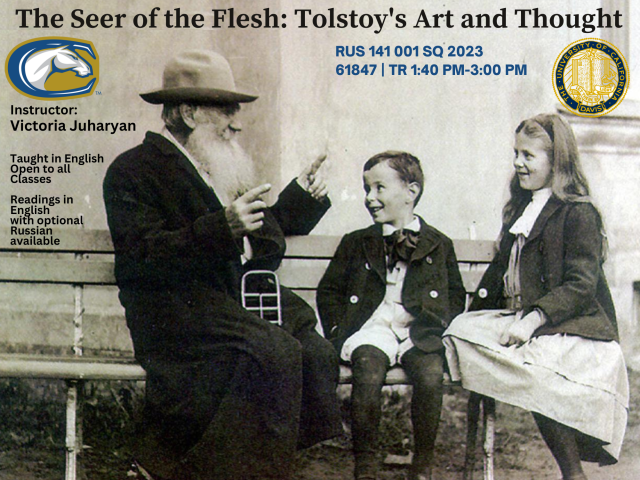 Tolstoy pictured talking to two children for course flyer