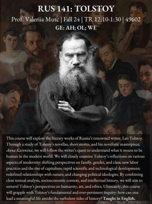 Tolstoy is pictured overshadowing a crowd of people, with the course description beneath him.