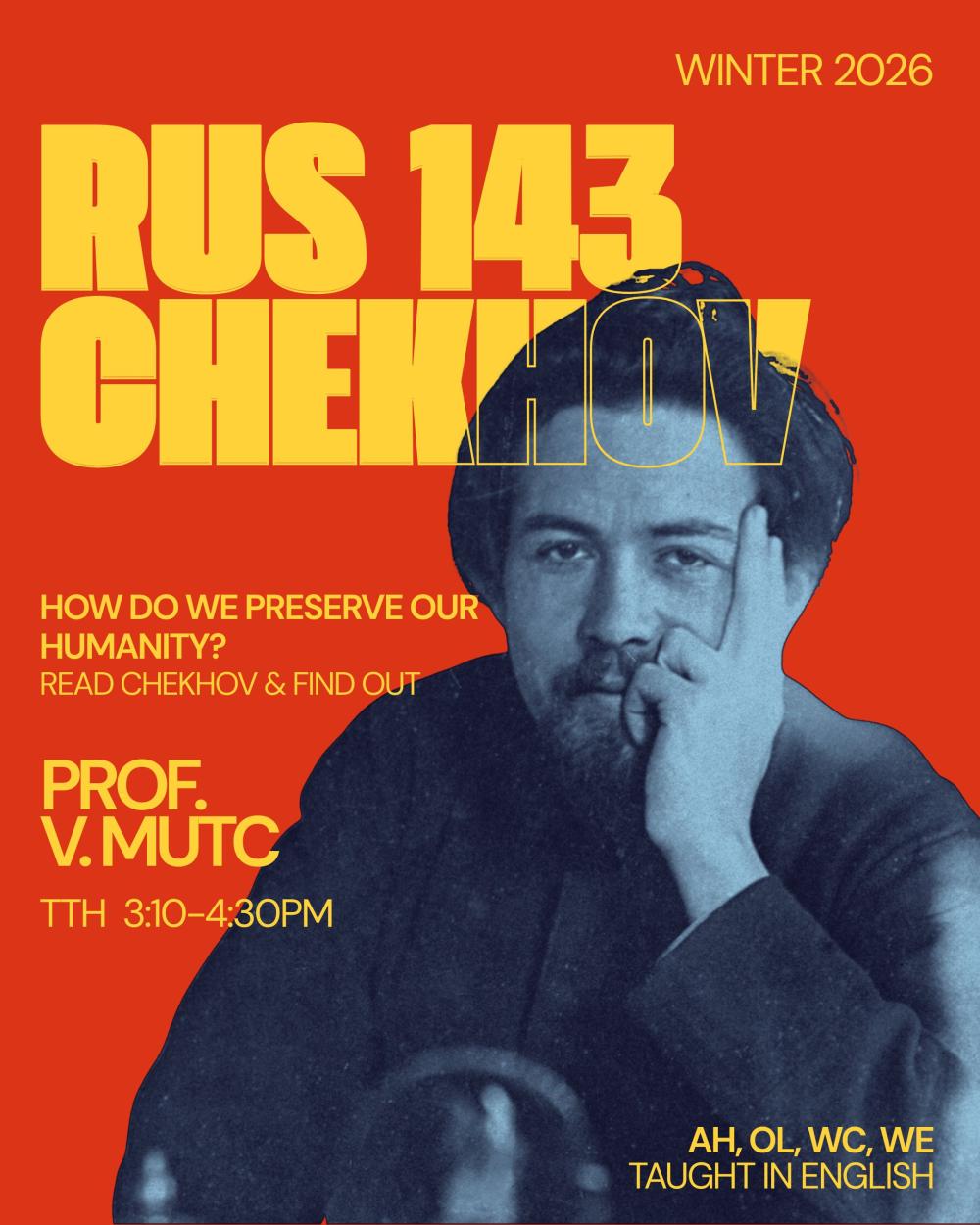 A flyer for RUS 143, with a blue filtered portrait of a man thinking.