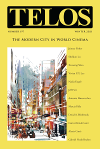 The cover of Telos. An abstract painting of a city, flanked by a list of contributors.