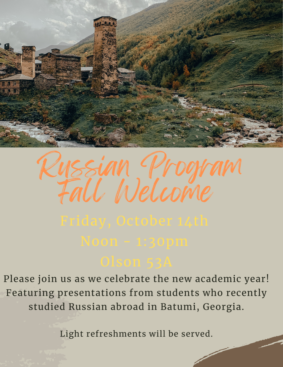 Flyer for Russian Program Fall Welcome Event