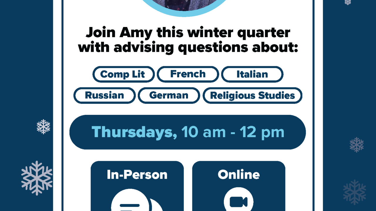A flyer for drop in advising, with a photo of Amy and the text written above.
