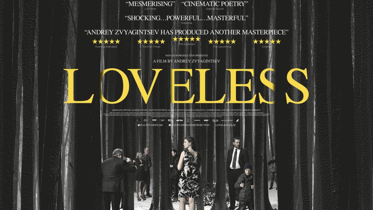 A banner poster for the movie Loveless, with shots of actors in dark woods