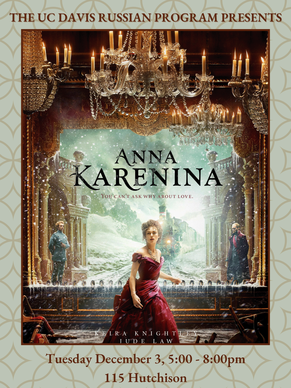 A flyer for the upcoming movie night with a film poster for Anna Karenina