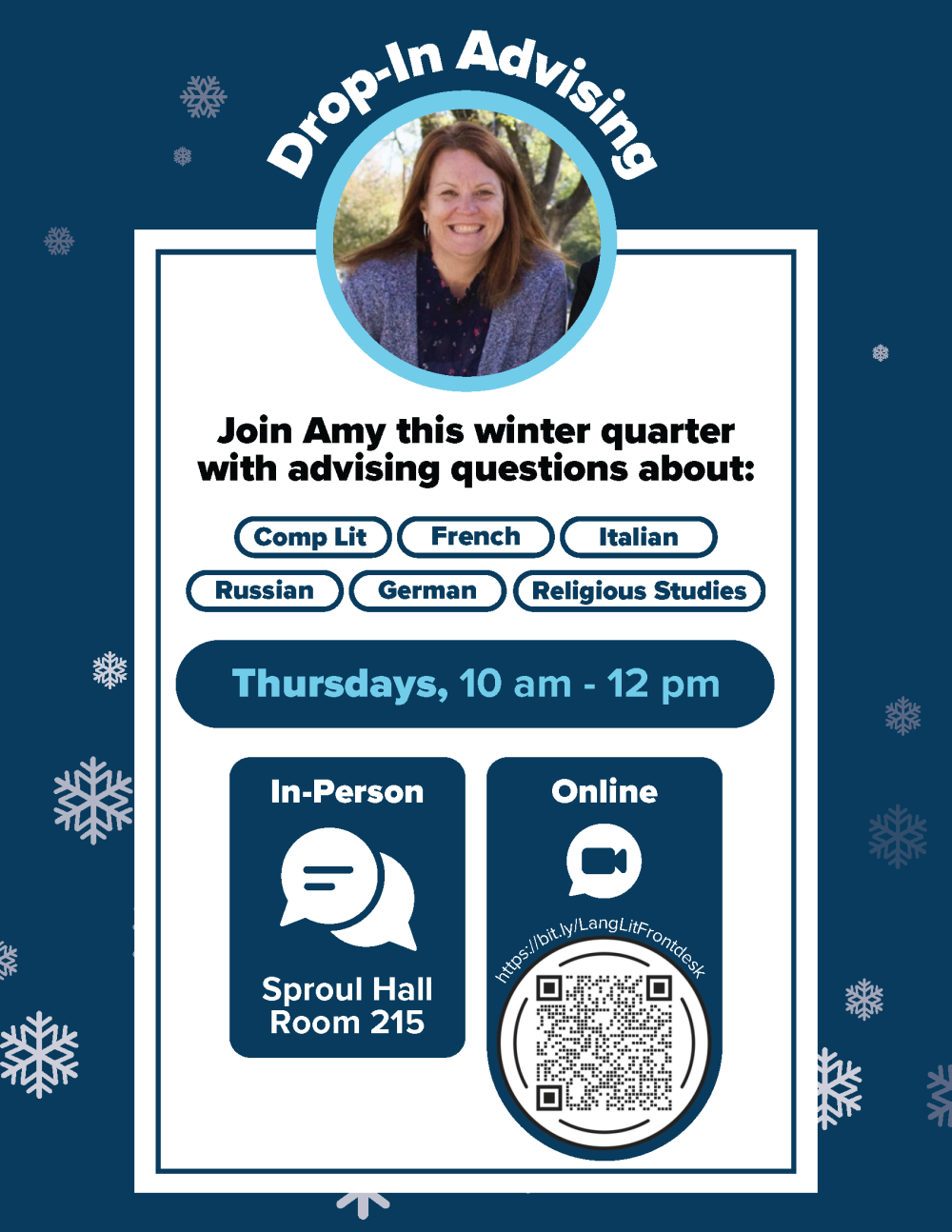 A flyer for drop in advising, with a photo of Amy and the text written above.