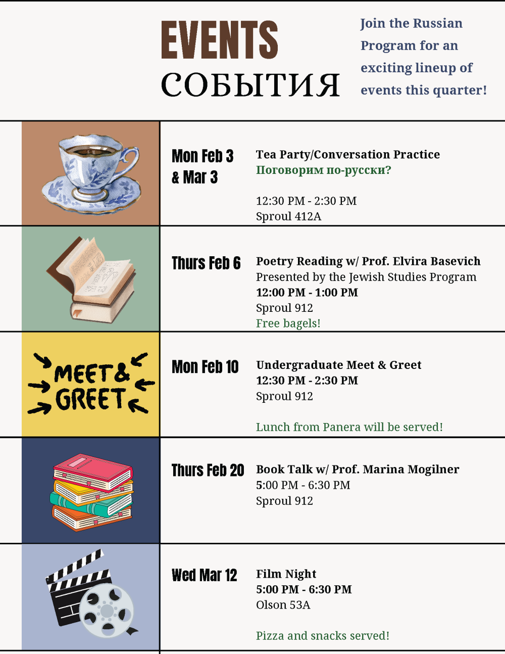 A calendar of upcoming Russian events, which are also written out above.