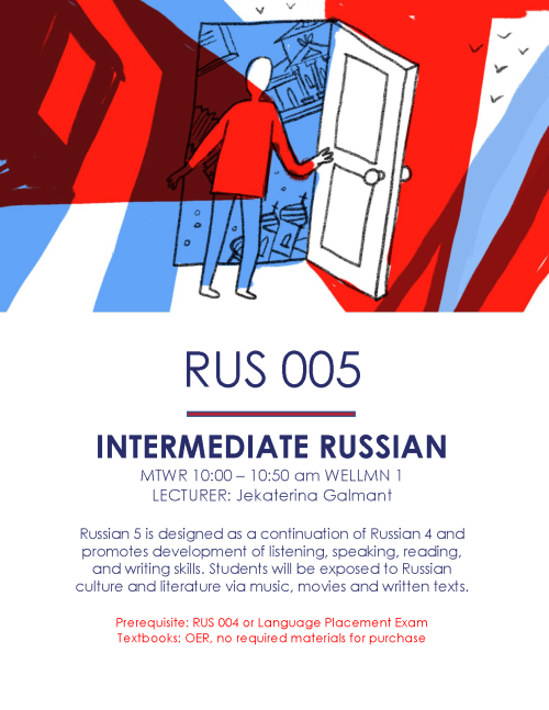 A flyer for RUS 005. A course description (seen above) and art of a sketched figure opening a door, a view of russian buildings.