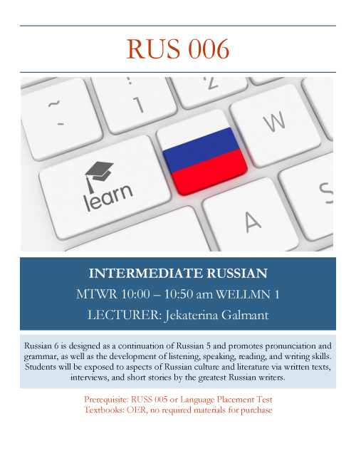 A flyer for RUS 006, featuring a course description and image of a keyboard with a russian flag button.