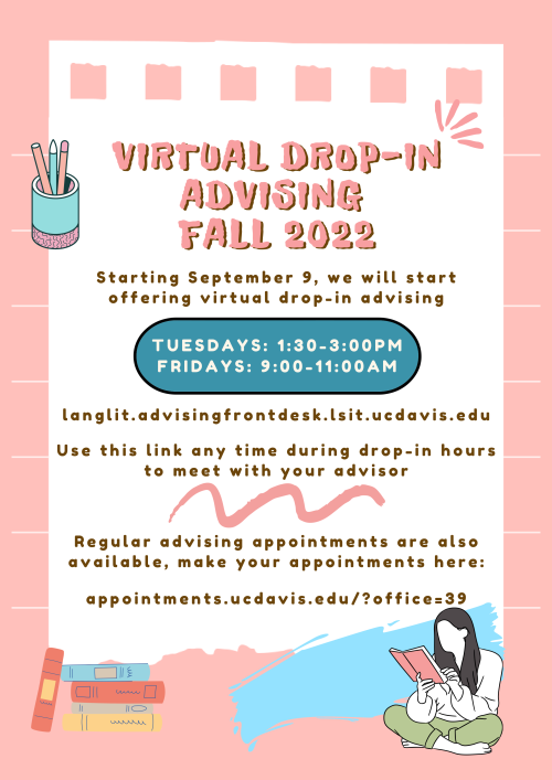 A flyer with information for Virtual Drop-In Advising