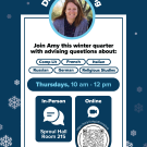 A flyer for drop in advising, with a photo of Amy and the text written above.